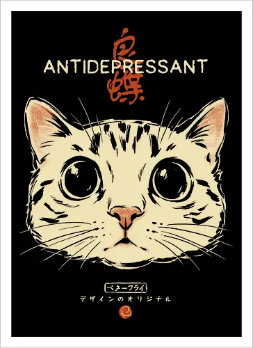 Antidepressant - cat, funny, vintage, retro, japanese, therapy, cute, mood, funny cat, cat lover, mental health, humor, kawaii, neko, quote, introvert, cat lover - Kunstdruck