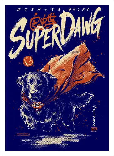 Super Dawg - superpower, comic, golden retriever, red cape, funny dog, parody, art print, sumi-e style, cool, dog, funny, vintage, retro, japanese, hero - Kunstdruck