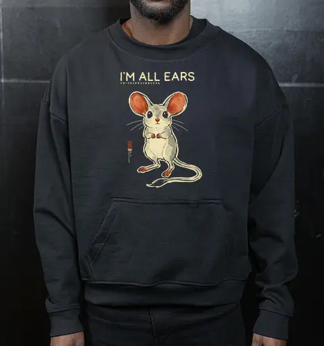 I'm All Ears - mouse, jerboa, funny, vintage, retro, japanese, quote, cute, big ears, mouse lover, humor, funny quote, pun, animal art, listening - Cropped Sweatshirt