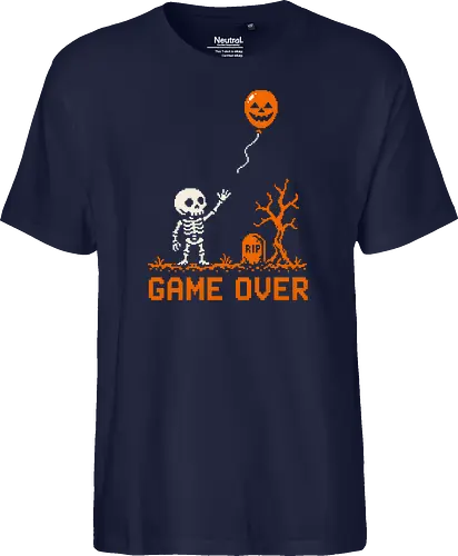 Game Over - Halloween - Pixel Art - Skelett - Kürbis - 8 Bit, Gamer, gruselig, Totenkopf, Geister, Friedhof, Halloween Deko, Retro, Halloween, Game Over, Skelett, Kürbis, Pixelkunst, Retro Gaming - Fairtrade T-Shirt
