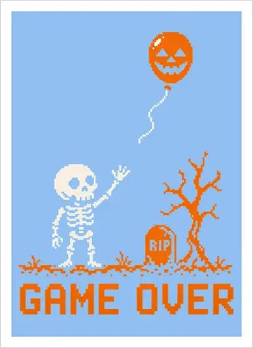 Game Over - Halloween - Pixel Art - Skelett - Kürbis - 8 Bit, Gamer, gruselig, Totenkopf, Geister, Friedhof, Halloween Deko, Retro, Halloween, Game Over, Skelett, Kürbis, Pixelkunst, Retro Gaming - Kunstdruck