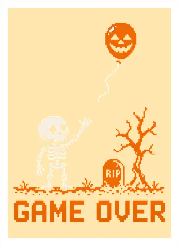 Game Over - Halloween - Pixel Art - Skelett - Kürbis - 8 Bit, Gamer, gruselig, Totenkopf, Geister, Friedhof, Halloween Deko, Retro, Halloween, Game Over, Skelett, Kürbis, Pixelkunst, Retro Gaming - Kunstdruck