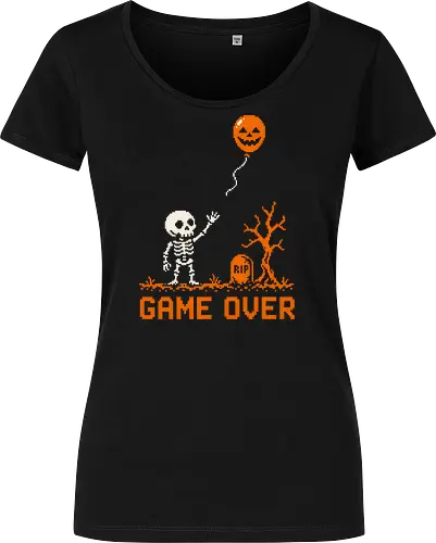 Game Over - Halloween - Pixel Art - Skelett - Kürbis - 8 Bit, Gamer, gruselig, Totenkopf, Geister, Friedhof, Halloween Deko, Retro, Halloween, Game Over, Skelett, Kürbis, Pixelkunst, Retro Gaming - Damen T-Shirt