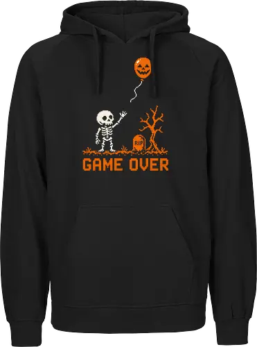 Game Over - Halloween - Pixel Art - Skelett - Kürbis - 8 Bit, Gamer, gruselig, Totenkopf, Geister, Friedhof, Halloween Deko, Retro, Halloween, Game Over, Skelett, Kürbis, Pixelkunst, Retro Gaming - Fairtrade Hoodie