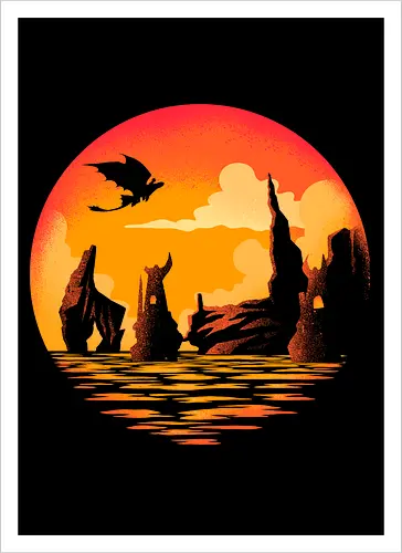 Land Of Dragons - dragon, berk, fantasy, isle, landscape, medieval, movies, negative space art, nordic, retro, scandinavian, Dragon, valhalla, viking, vintage - Kunstdruck