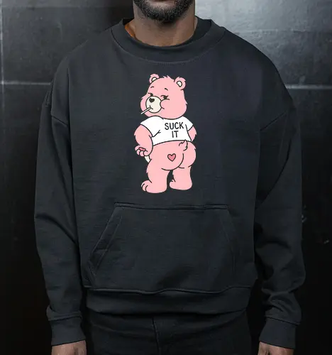 Cheeky Bear: Sweet & Sassy - pink bear shirt, cheeky teddy graphic tee, funny Y2K apparel, nostalgic 2000s streetwear, pastel aesthetic clothing, cute but sassy design, negative space bear art, bubblegum pop fashion, quirky cartoon merch, alternative aesthetic tee - Cropped Sweatshirt