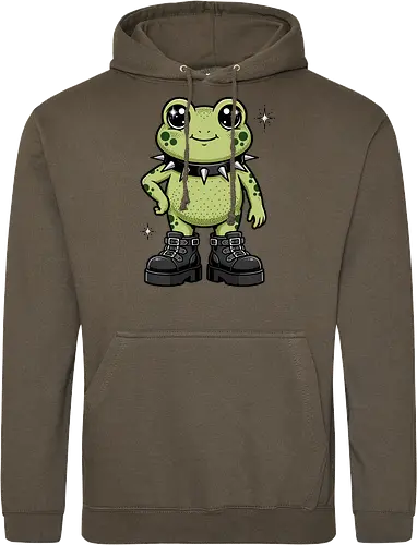 Punk Rock Toad: Kawaii Edge - punk frog shirt, kawaii goth apparel, edgy animal graphic tee, alternative streetwear clothing, spiked collar toad, chunky boots design, cute but psycho fashion, goblincore aesthetic tee, funny amphibian merch, comic book style graphic - Standard Hoodie
