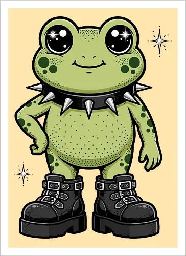 Punk Rock Toad: Kawaii Edge - punk frog shirt, kawaii goth apparel, edgy animal graphic tee, alternative streetwear clothing, spiked collar toad, chunky boots design, cute but psycho fashion, goblincore aesthetic tee, funny amphibian merch, comic book style graphic - Kunstdruck
