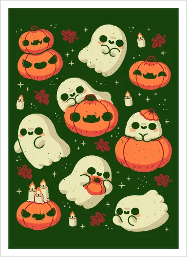 Cute Ghost with Halloween Pumpkin - cute ghost, pumpkin, halloween, spooky, creepy, candles, autumn leaves, kawaii ghost, fall, love, goth, cozy, trick or treats, magical, xmorfina - Kunstdruck