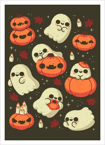 Cute Ghost with Halloween Pumpkin - cute ghost, pumpkin, halloween, spooky, creepy, candles, autumn leaves, kawaii ghost, fall, love, goth, cozy, trick or treats, magical, xmorfina - Kunstdruck