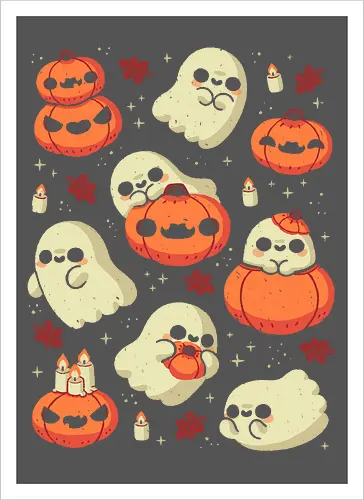 Cute Ghost with Halloween Pumpkin - cute ghost, pumpkin, halloween, spooky, creepy, candles, autumn leaves, kawaii ghost, fall, love, goth, cozy, trick or treats, magical, xmorfina - Kunstdruck