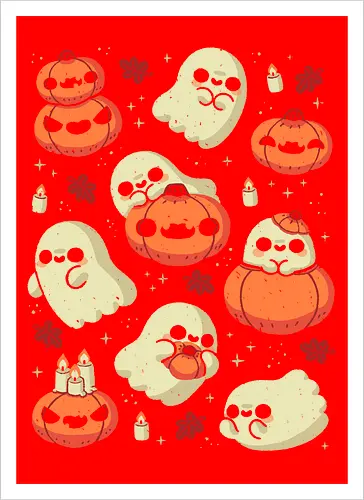Cute Ghost with Halloween Pumpkin - cute ghost, pumpkin, halloween, spooky, creepy, candles, autumn leaves, kawaii ghost, fall, love, goth, cozy, trick or treats, magical, xmorfina - Kunstdruck