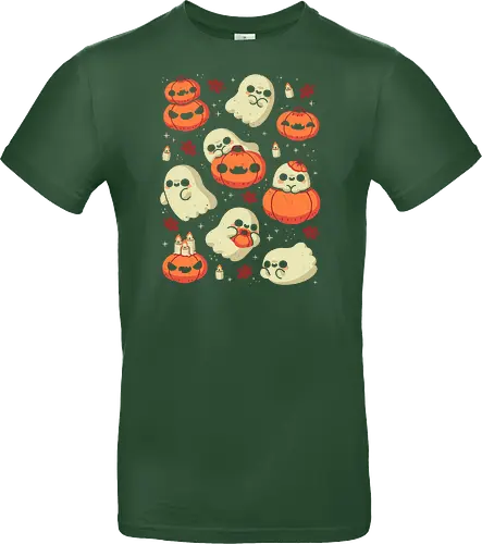 Cute Ghost with Halloween Pumpkin - cute ghost, pumpkin, halloween, spooky, creepy, candles, autumn leaves, kawaii ghost, fall, love, goth, cozy, trick or treats, magical, xmorfina - Standard T-Shirt