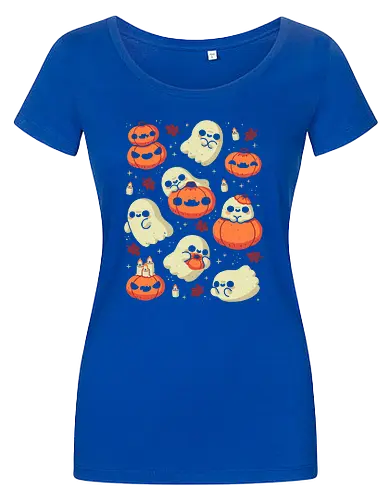 Cute Ghost with Halloween Pumpkin - cute ghost, pumpkin, halloween, spooky, creepy, candles, autumn leaves, kawaii ghost, fall, love, goth, cozy, trick or treats, magical, xmorfina - Damen T-Shirt