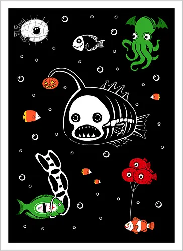 Halloween Deep Party - saltwater fish, scary, spooky, halloween, aquarium, clownfish, deep sea, fish, halloween gifts, halloween party, horror, humor, ocean, octopus, pumpkin - Kunstdruck