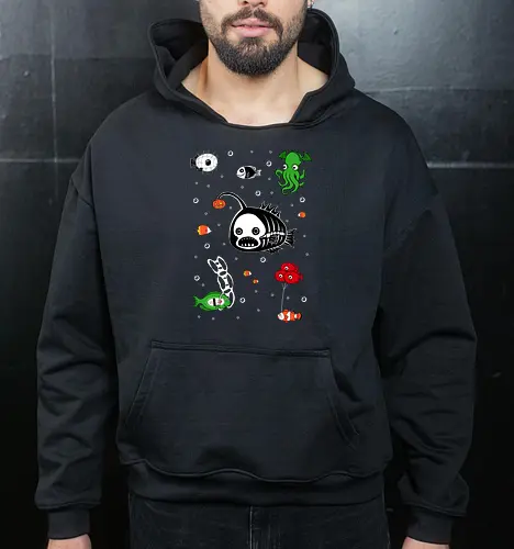 Halloween Deep Party - saltwater fish, scary, spooky, halloween, aquarium, clownfish, deep sea, fish, halloween gifts, halloween party, horror, humor, ocean, octopus, pumpkin - Cropped Hoodie