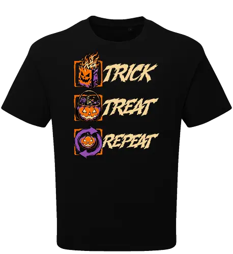 Halloween Trick Treat Repeat - Halloween, Halloween Humor, Halloween Design, Halloween Art, Halloween Aesthetic, Halloween Vibes, Funny Halloween, Halloween Pumpkin, Humor, Fun, Funny, Pumpkins, Pumpkin, Spooky Season, Spooky, Spooky Cute, Spooky Art, Spooky Vibes, Spooky Halloween, Spooky Humor, Creepy, Creepy Cute, Scary, Scary Cute, Candies, Candy, Jack O Lantern, Jack-o-lantern, Jack O Lantern Design, Fire, Bag, Trick Or Treat, Trick R Treat, Treats, Treat, Quote, Repeat - Oversize T-Shirt