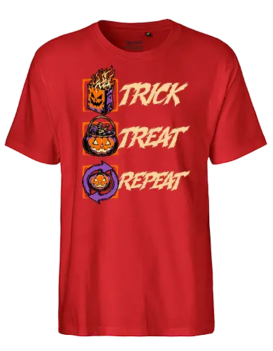Halloween Trick Treat Repeat - Halloween, Halloween Humor, Halloween Design, Halloween Art, Halloween Aesthetic, Halloween Vibes, Funny Halloween, Halloween Pumpkin, Humor, Fun, Funny, Pumpkins, Pumpkin, Spooky Season, Spooky, Spooky Cute, Spooky Art, Spooky Vibes, Spooky Halloween, Spooky Humor, Creepy, Creepy Cute, Scary, Scary Cute, Candies, Candy, Jack O Lantern, Jack-o-lantern, Jack O Lantern Design, Fire, Bag, Trick Or Treat, Trick R Treat, Treats, Treat, Quote, Repeat - Fairtrade T-Shirt