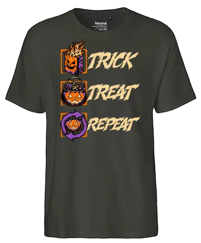 Halloween Trick Treat Repeat - Halloween, Halloween Humor, Halloween Design, Halloween Art, Halloween Aesthetic, Halloween Vibes, Funny Halloween, Halloween Pumpkin, Humor, Fun, Funny, Pumpkins, Pumpkin, Spooky Season, Spooky, Spooky Cute, Spooky Art, Spooky Vibes, Spooky Halloween, Spooky Humor, Creepy, Creepy Cute, Scary, Scary Cute, Candies, Candy, Jack O Lantern, Jack-o-lantern, Jack O Lantern Design, Fire, Bag, Trick Or Treat, Trick R Treat, Treats, Treat, Quote, Repeat - Fairtrade T-Shirt
