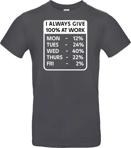 Ich Gebe Bei Der Arbeit Immer 100% Lustiger Sarkastischer Büro Arbeits Humor - lustiger Arbeitshumor, Büro Humor, Arbeits Humor, sarkastischer Humor, lustiges Büro, Kollegen Geschenk, Büro Geschenk, Arbeitswitz, Arbeitsspruch, sarkastischer Spruch, lustiger Spruch, Mitarbeiter Geschenk, Büroangestellter, Arbeitnehmer Humor, Kollegen Humor, Team Humor, Chef Humor, Arbeitsmotivation, Montags Humor, Freitags Humor, Arbeitsalltag, Büroalltag, lustiges Mitarbeiter Geschenk, witziges Kollegengeschenk, Beruf Humor, Arbeit Witz, Büro Witz, Arbeitsplatz Humor, sarkastisches Büro, lustige Arbeitstipps - Standard T-Shirt