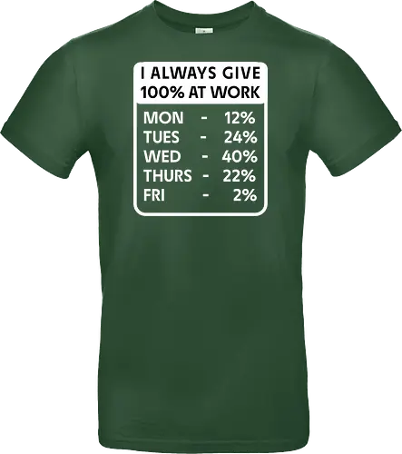 Ich Gebe Bei Der Arbeit Immer 100% Lustiger Sarkastischer Büro Arbeits Humor - lustiger Arbeitshumor, Büro Humor, Arbeits Humor, sarkastischer Humor, lustiges Büro, Kollegen Geschenk, Büro Geschenk, Arbeitswitz, Arbeitsspruch, sarkastischer Spruch, lustiger Spruch, Mitarbeiter Geschenk, Büroangestellter, Arbeitnehmer Humor, Kollegen Humor, Team Humor, Chef Humor, Arbeitsmotivation, Montags Humor, Freitags Humor, Arbeitsalltag, Büroalltag, lustiges Mitarbeiter Geschenk, witziges Kollegengeschenk, Beruf Humor, Arbeit Witz, Büro Witz, Arbeitsplatz Humor, sarkastisches Büro, lustige Arbeitstipps - Standard T-Shirt