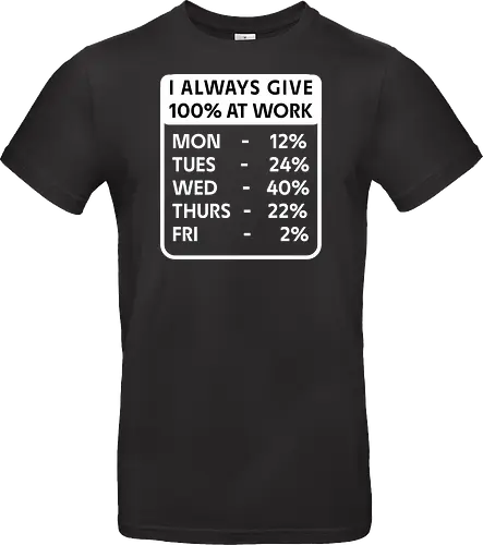 Ich Gebe Bei Der Arbeit Immer 100% Lustiger Sarkastischer Büro Arbeits Humor - lustiger Arbeitshumor, Büro Humor, Arbeits Humor, sarkastischer Humor, lustiges Büro, Kollegen Geschenk, Büro Geschenk, Arbeitswitz, Arbeitsspruch, sarkastischer Spruch, lustiger Spruch, Mitarbeiter Geschenk, Büroangestellter, Arbeitnehmer Humor, Kollegen Humor, Team Humor, Chef Humor, Arbeitsmotivation, Montags Humor, Freitags Humor, Arbeitsalltag, Büroalltag, lustiges Mitarbeiter Geschenk, witziges Kollegengeschenk, Beruf Humor, Arbeit Witz, Büro Witz, Arbeitsplatz Humor, sarkastisches Büro, lustige Arbeitstipps - Standard T-Shirt