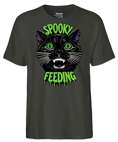 Spooky But Make It Feeding – Lustige Halloween Katze - Halloween, Katze, schwarze Katze, Spooky, lustig, Füttern, Katzenhumor, grün, Kürbis, Fledermaus, Grusel, Gothic, Herbst, Katzenfan, Halloween Katze - Fairtrade T-Shirt