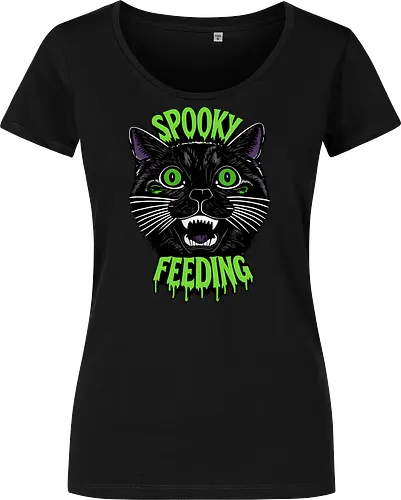 Spooky But Make It Feeding – Lustige Halloween Katze - Halloween, Katze, schwarze Katze, Spooky, lustig, Füttern, Katzenhumor, grün, Kürbis, Fledermaus, Grusel, Gothic, Herbst, Katzenfan, Halloween Katze - Damen T-Shirt