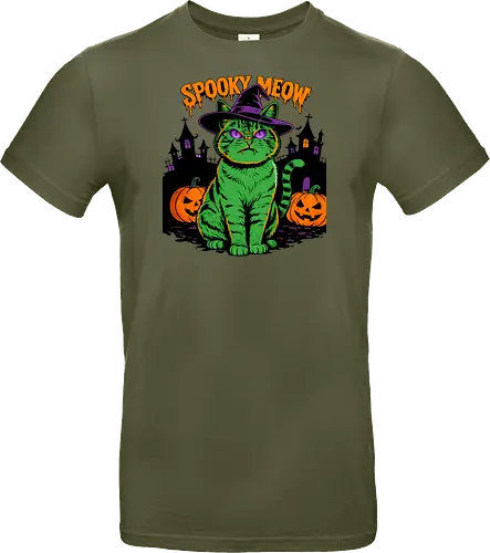 Spooky Meow – Halloween Katze mit Hexenhut - Halloween, Katze, Spooky Meow, schwarze Katze, Hexe, Hexenhut, Kürbis, Fledermaus, Spooky, Grusel, Gothic, Herbst, Katzenfan, Hexen, Halloween Katze - Standard T-Shirt