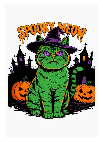 Spooky Meow – Halloween Katze mit Hexenhut - Halloween, Katze, Spooky Meow, schwarze Katze, Hexe, Hexenhut, Kürbis, Fledermaus, Spooky, Grusel, Gothic, Herbst, Katzenfan, Hexen, Halloween Katze - Kunstdruck