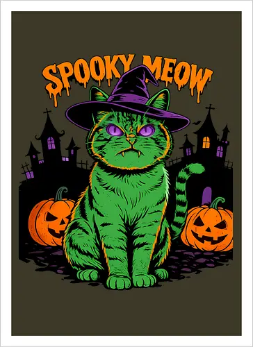 Spooky Meow – Halloween Katze mit Hexenhut - Halloween, Katze, Spooky Meow, schwarze Katze, Hexe, Hexenhut, Kürbis, Fledermaus, Spooky, Grusel, Gothic, Herbst, Katzenfan, Hexen, Halloween Katze - Kunstdruck