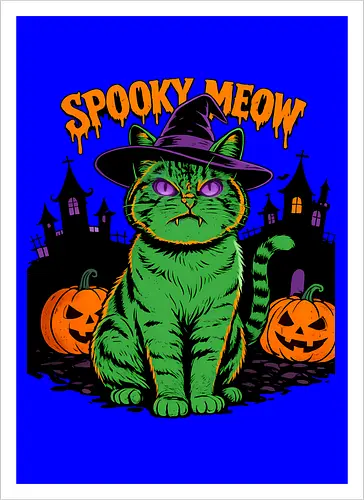 Spooky Meow – Halloween Katze mit Hexenhut - Halloween, Katze, Spooky Meow, schwarze Katze, Hexe, Hexenhut, Kürbis, Fledermaus, Spooky, Grusel, Gothic, Herbst, Katzenfan, Hexen, Halloween Katze - Kunstdruck