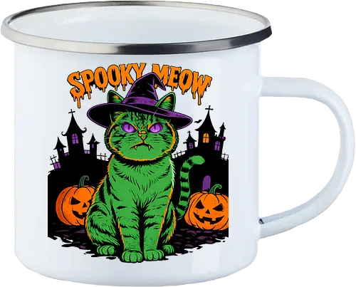 Spooky Meow – Halloween Katze mit Hexenhut - Halloween, Katze, Spooky Meow, schwarze Katze, Hexe, Hexenhut, Kürbis, Fledermaus, Spooky, Grusel, Gothic, Herbst, Katzenfan, Hexen, Halloween Katze - Emailletasse