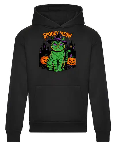 Spooky Meow – Halloween Katze mit Hexenhut - Halloween, Katze, Spooky Meow, schwarze Katze, Hexe, Hexenhut, Kürbis, Fledermaus, Spooky, Grusel, Gothic, Herbst, Katzenfan, Hexen, Halloween Katze - Heavyweight Hoodie
