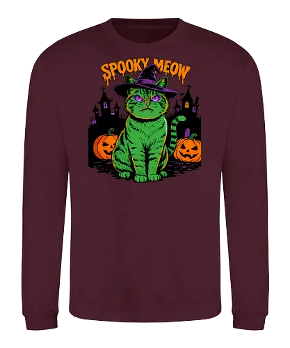 Spooky Meow – Halloween Katze mit Hexenhut - Halloween, Katze, Spooky Meow, schwarze Katze, Hexe, Hexenhut, Kürbis, Fledermaus, Spooky, Grusel, Gothic, Herbst, Katzenfan, Hexen, Halloween Katze - Sweatshirt