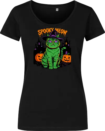 Spooky Meow – Halloween Katze mit Hexenhut - Halloween, Katze, Spooky Meow, schwarze Katze, Hexe, Hexenhut, Kürbis, Fledermaus, Spooky, Grusel, Gothic, Herbst, Katzenfan, Hexen, Halloween Katze - Damen T-Shirt