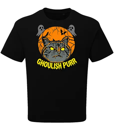 Ghoulish Purr – Lustige Halloween Katze mit Kürbis - Halloween, Katze, Halloween Katze, Ghoulish Purr, Kürbis, Fledermaus, Spooky, Grusel, lustig, schwarze Katze, Katzenfan, Herbst, Gothic, Geister, Halloweenzeit - Oversize T-Shirt
