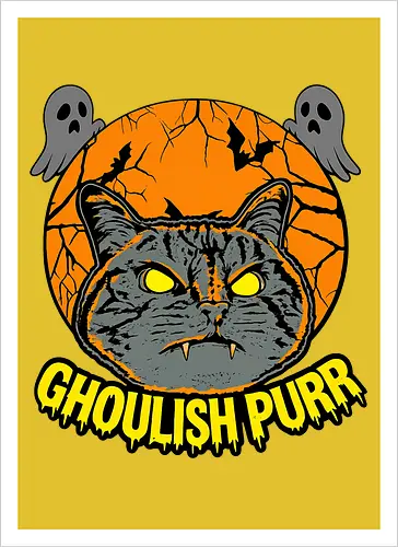Ghoulish Purr – Lustige Halloween Katze mit Kürbis - Halloween, Katze, Halloween Katze, Ghoulish Purr, Kürbis, Fledermaus, Spooky, Grusel, lustig, schwarze Katze, Katzenfan, Herbst, Gothic, Geister, Halloweenzeit - Kunstdruck
