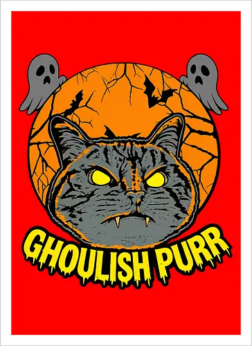 Ghoulish Purr – Lustige Halloween Katze mit Kürbis - Halloween, Katze, Halloween Katze, Ghoulish Purr, Kürbis, Fledermaus, Spooky, Grusel, lustig, schwarze Katze, Katzenfan, Herbst, Gothic, Geister, Halloweenzeit - Kunstdruck