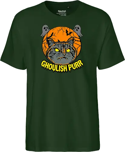 Ghoulish Purr – Lustige Halloween Katze mit Kürbis - Halloween, Katze, Halloween Katze, Ghoulish Purr, Kürbis, Fledermaus, Spooky, Grusel, lustig, schwarze Katze, Katzenfan, Herbst, Gothic, Geister, Halloweenzeit - Fairtrade T-Shirt