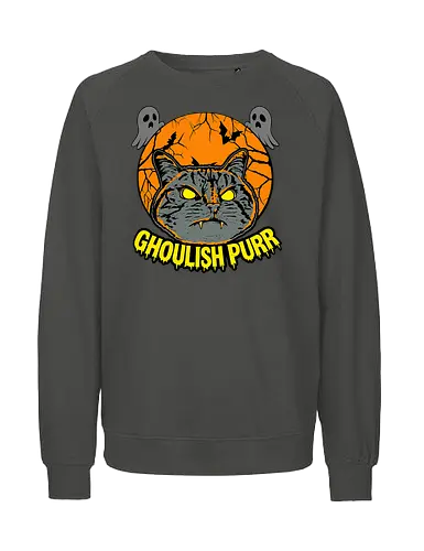 Ghoulish Purr – Lustige Halloween Katze mit Kürbis - Halloween, Katze, Halloween Katze, Ghoulish Purr, Kürbis, Fledermaus, Spooky, Grusel, lustig, schwarze Katze, Katzenfan, Herbst, Gothic, Geister, Halloweenzeit - Fairtrade Sweatshirt