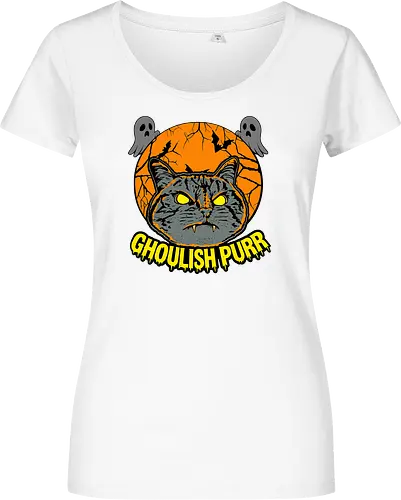Ghoulish Purr – Lustige Halloween Katze mit Kürbis - Halloween, Katze, Halloween Katze, Ghoulish Purr, Kürbis, Fledermaus, Spooky, Grusel, lustig, schwarze Katze, Katzenfan, Herbst, Gothic, Geister, Halloweenzeit - Damen T-Shirt