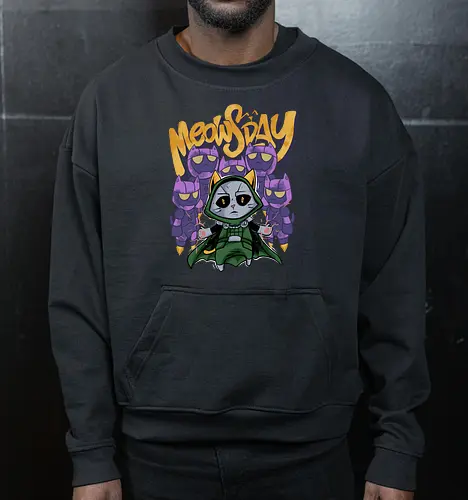 meowsday is coming - cat, meow, kitty, fun, avenger, drdoom, doomsday, cartoon, fantastic, hoomanlover, catlover, sentinel, superhero, villain - Cropped Sweatshirt