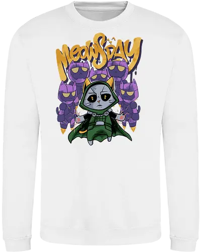 meowsday is coming - cat, meow, kitty, fun, avenger, drdoom, doomsday, cartoon, fantastic, hoomanlover, catlover, sentinel, superhero, villain - Sweatshirt