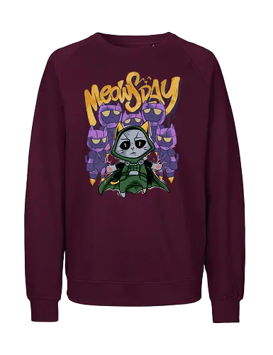 meowsday is coming - cat, meow, kitty, fun, avenger, drdoom, doomsday, cartoon, fantastic, hoomanlover, catlover, sentinel, superhero, villain - Fairtrade Sweatshirt