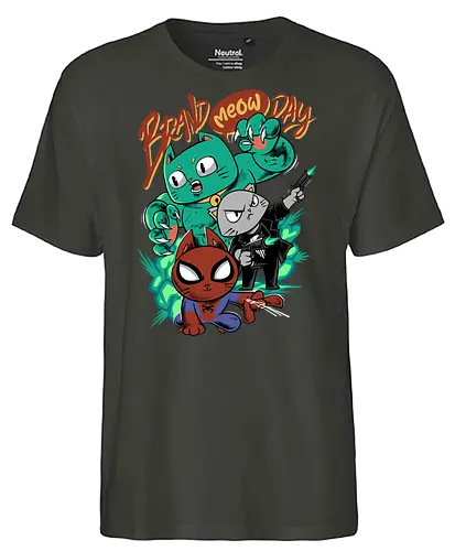 brand meow day  - cat, meow, kitty, fun, avenger, drdoom, doomsday, cartoon, fantastic, hoomanlover, catlover, superhero, villain, chibi - Fairtrade T-Shirt