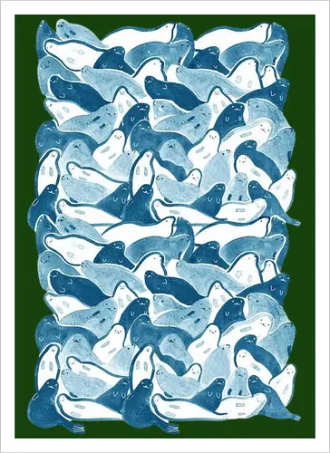 Blaue Robben Ozeanmuster - Aquarellmuster Ozean, Meer, niedliche blaue Tiere, Mosaik, Wildtiere, nautische Illustration, Kawaii, wiederholend, verspielt - Kunstdruck