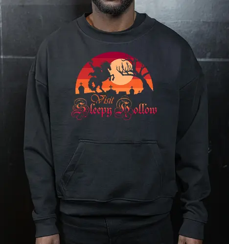 Visit Sleepy Hollow  - sleepy hollow, book, halloween, headless horseman, horror, horse, horses, ichabod crane, nostalgia, reading, retro, scary, spooky, horseman, movie - Cropped Sweatshirt