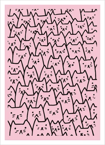 Verspielte Katzenmotive - Katzen, Kätzchen, Kritzelei, handgezeichnet, nahtloses Muster, Strichzeichnung, Schwarz-Weiß, Malvorlage, Katze, niedlich, sich wiederholendes Muster, Tapete, Hintergrund, minimalistisch, verspielt - Kunstdruck
