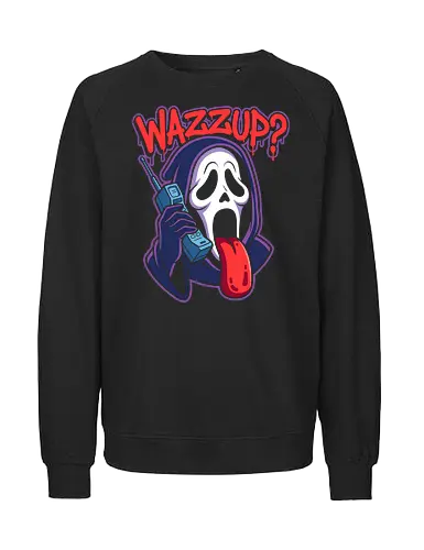 Wazzup Ghost - Wazzup shirt, Scary Movie graphic tee, funny Ghostface apparel, 90s nostalgia streetwear, retro horror comedy clothing, Halloween parody shirt, killer mask meme design, vintage cell phone graphic, spooky pop culture tee, horror movie fan merch - Fairtrade Sweatshirt